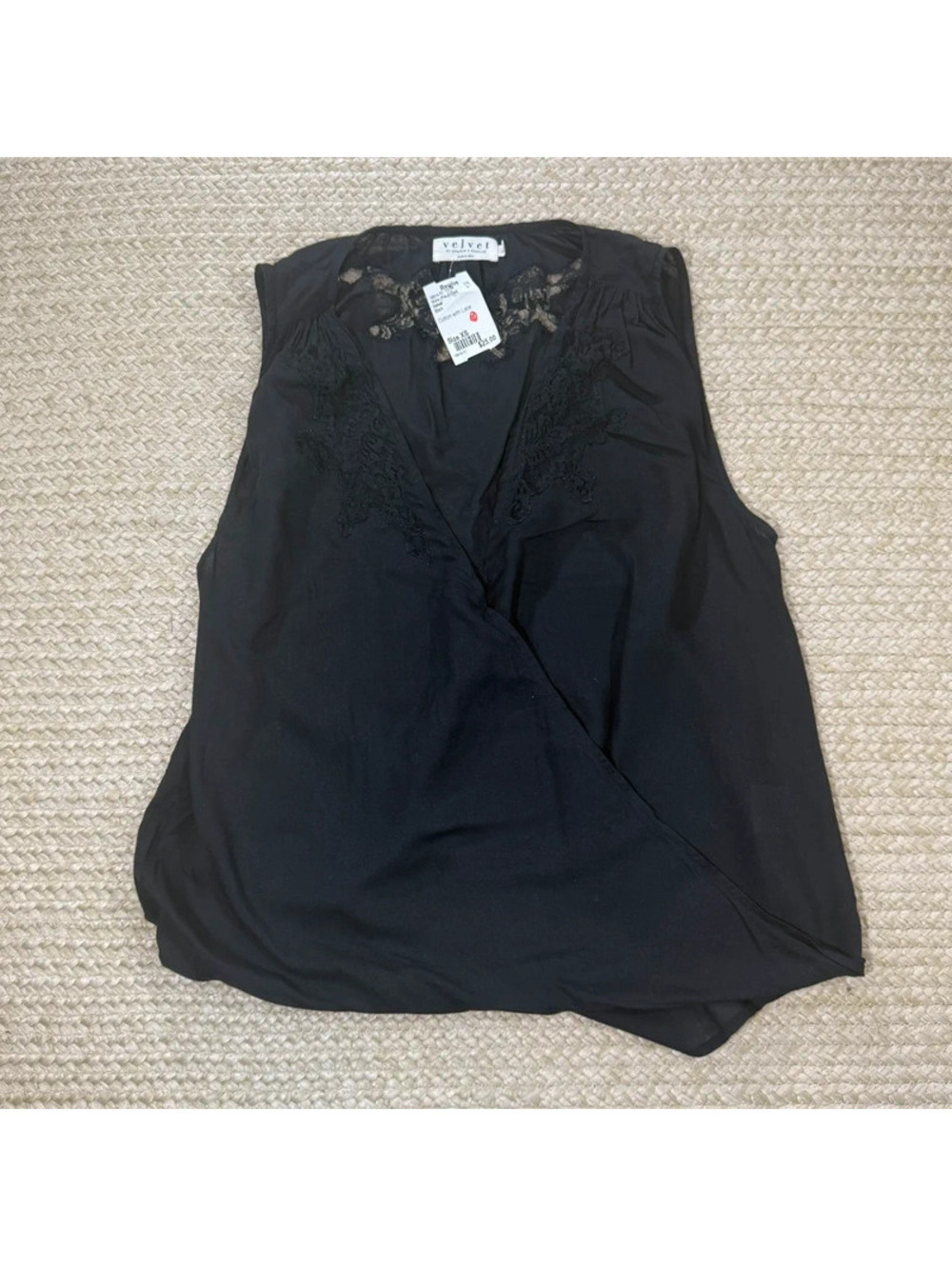 Velvet Brand Black Sleeveless Wrap Style Blouse with Lace Trimming Size XS NWT